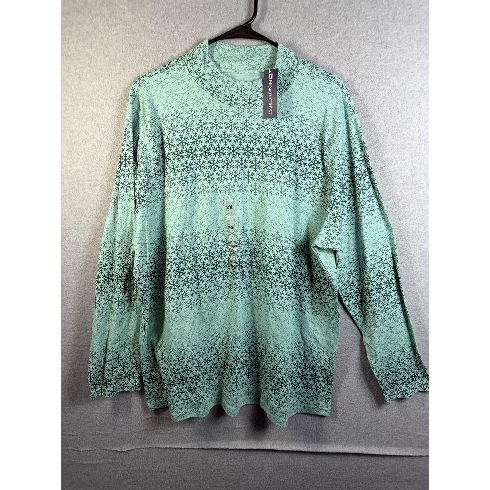 Northcrest Shirt Womens 2X Green Snowflake Mock Neck Long Sleeve Plus Top Winter